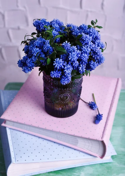 Beautiful bouquet of muscari - hyacinth in vase on wall background — Stock Photo, Image