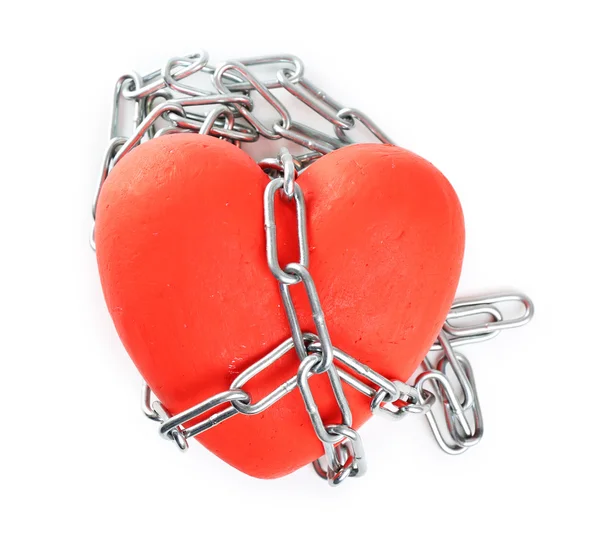 Red heart with metal chain — Stock Photo, Image