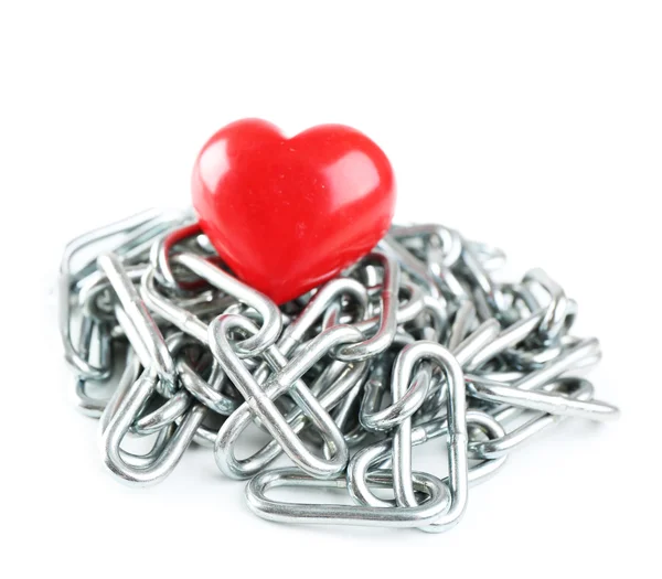 Red heart with metal chain — Stock Photo, Image