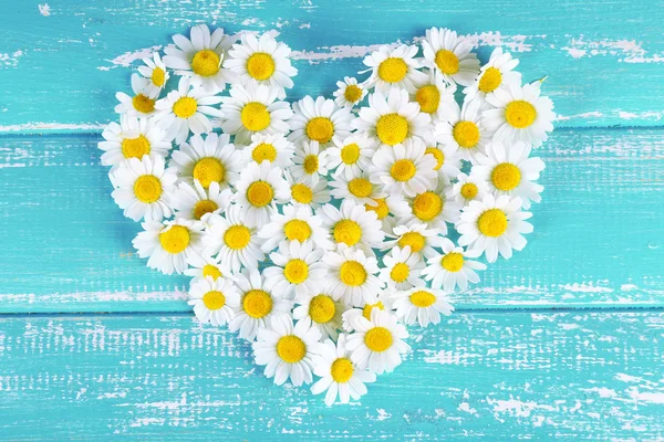 Chamomile in shape of heart on color wooden background — Stock Photo, Image