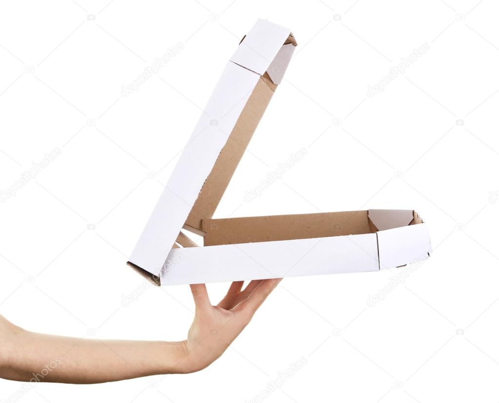 Hand holding pizza boxes isolated on white