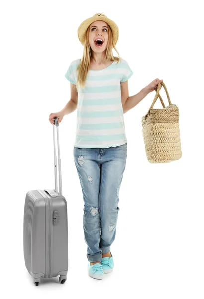 Жінка тримає валізу, ізольована на білому — стокове фото