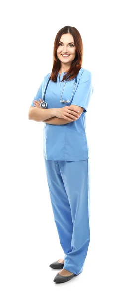 Hermosa mujer doctora aislada en blanco — Foto de Stock