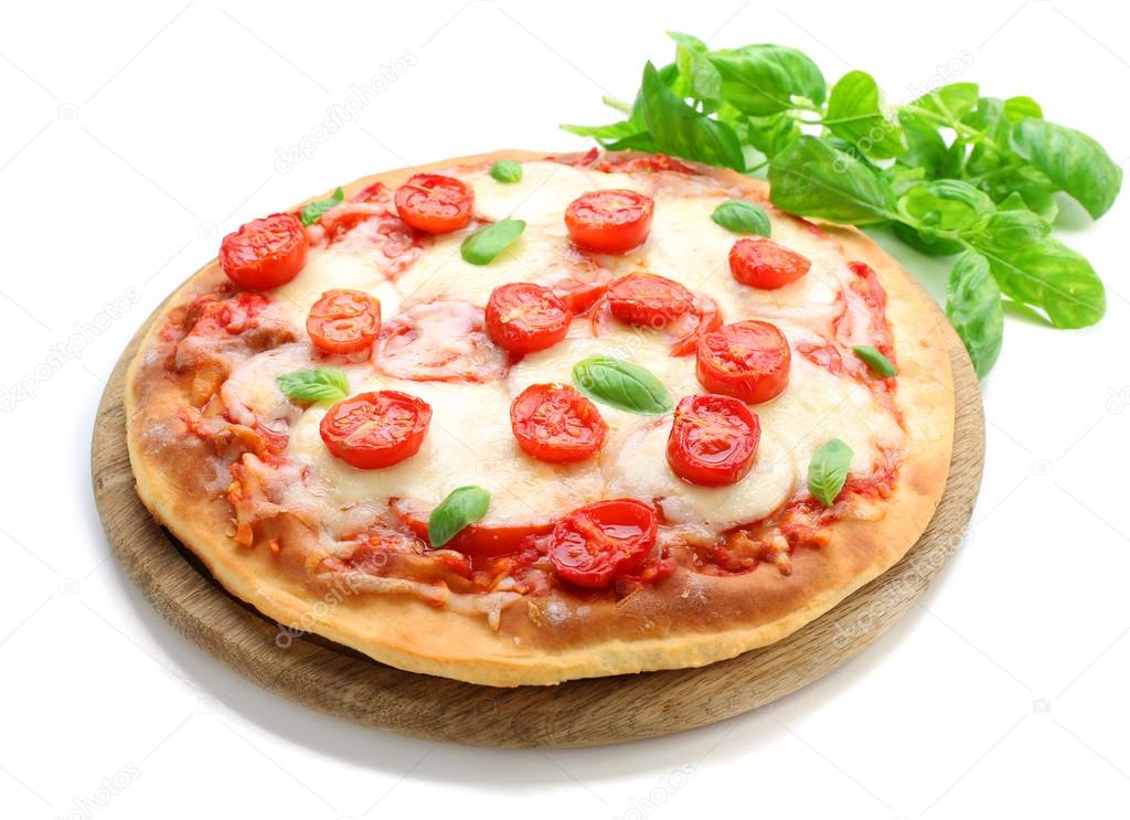 Delicious pizza with cheese and cherry tomatoes isolated on white