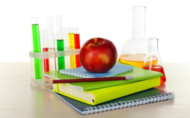 Danışma kitaplar ve test tüpleri üzerinde beyaz izole