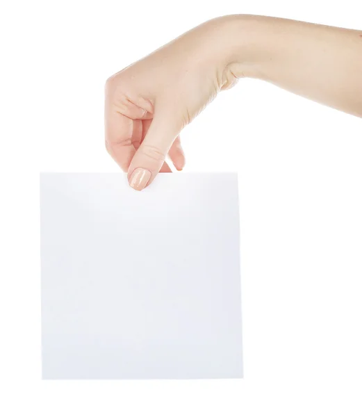 Χέρι κρατώντας λευκή κάρτα που απομονώνεται σε λευκό — Φωτογραφία Αρχείου