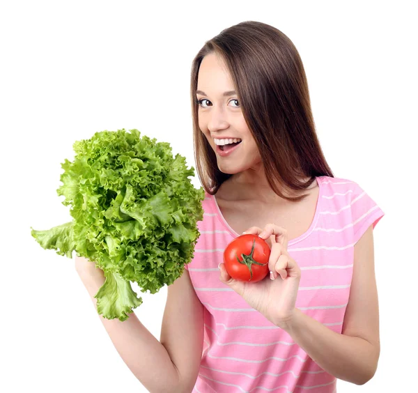 健康的年轻女子，跟群莴苣和番茄上白色孤立 — 图库照片