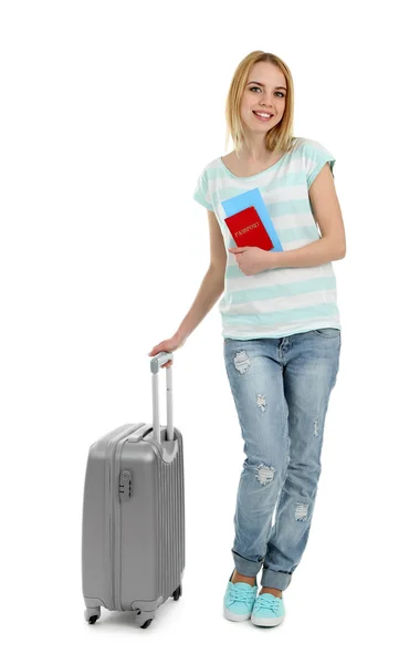 Woman holding suitcase, isolated on white — Stock Photo, Image