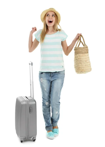 Woman holding suitcase, isolated on white — Stock Photo, Image