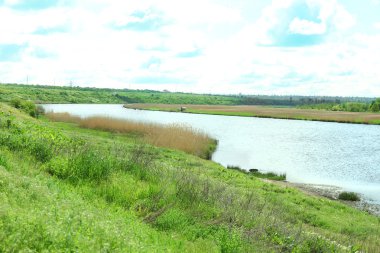 Nehir banka üzerinde mavi gökyüzü