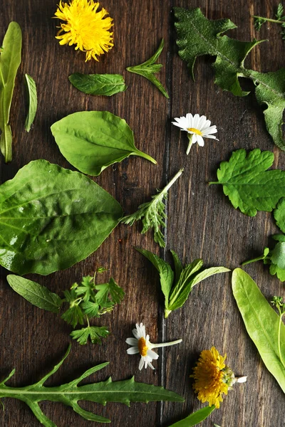 Διάφορα φαρμακευτικά φυτά σε ξύλινα φόντο — Φωτογραφία Αρχείου