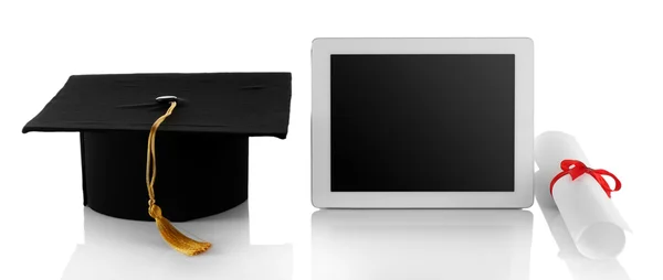 Graduation cap with tablet and diploma isolated on white — Stock Photo, Image