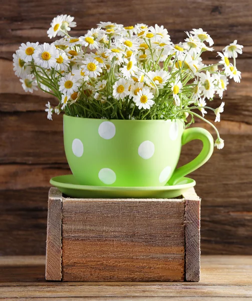 Beautiful bouquet of daisies in cup on wooden background — Stock Photo, Image