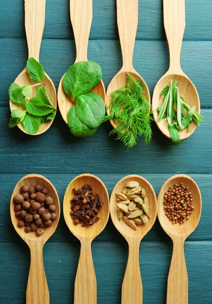 Wooden spoons with fresh herbs and spices — Stock Photo, Image