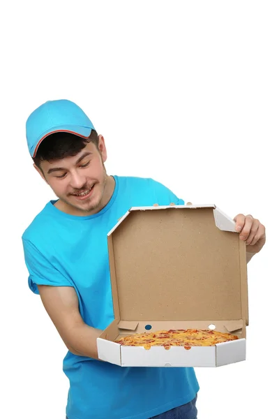 Springpojke med pizza box — Stockfoto