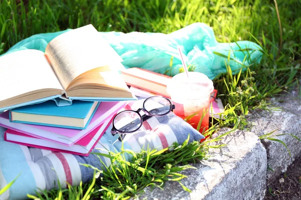 Kitap, gözlük ve içki çimenlerin üzerinde — Stok fotoğraf