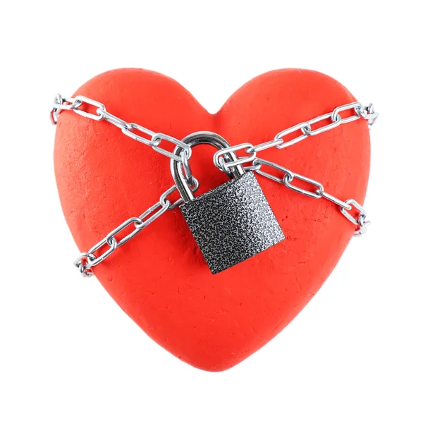 Red heart with metal chain — Stock Photo, Image