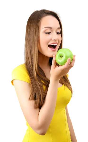 Jonge vrouw met groene appel — Stockfoto