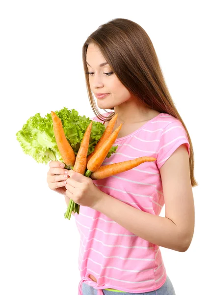 Healthy woman with carrot and lettuce — Stock Photo, Image