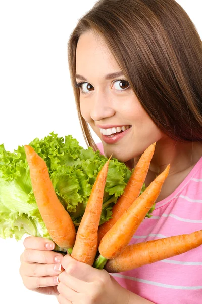 Healthy woman with carrot and lettuce — Stock Photo, Image