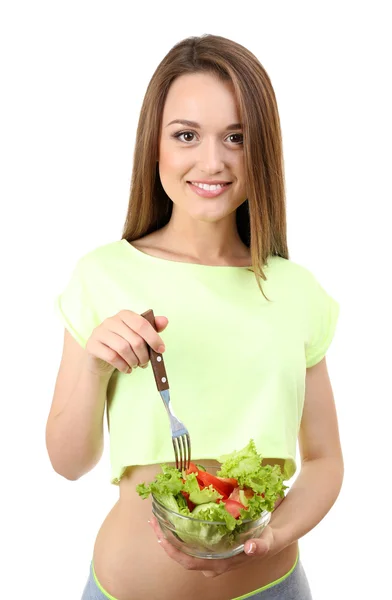 Mujer joven con ensalada dietética — Foto de Stock