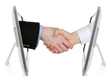 Sanal handshake. Internet iş kavramı üzerinde beyaz izole