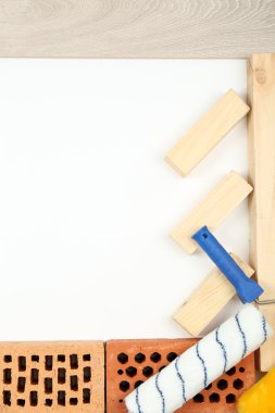 Yapı araçları ve metin alanı olan malzemeleri ile natürmort