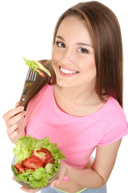 diyet salata üzerine beyaz izole kase cam olan slim kadın