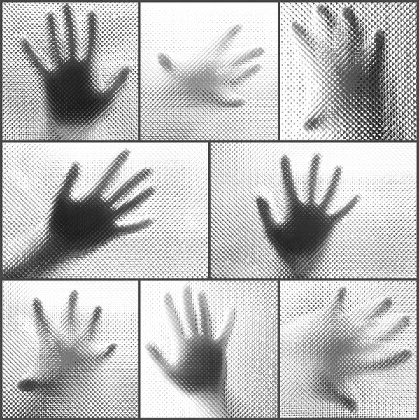 Collage of hands silhouettes behind glass foreground