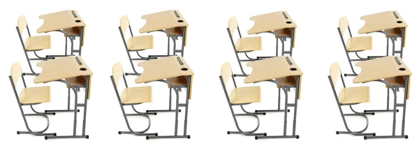 School wooden desks and chairs isolated on white — Stok fotoğraf