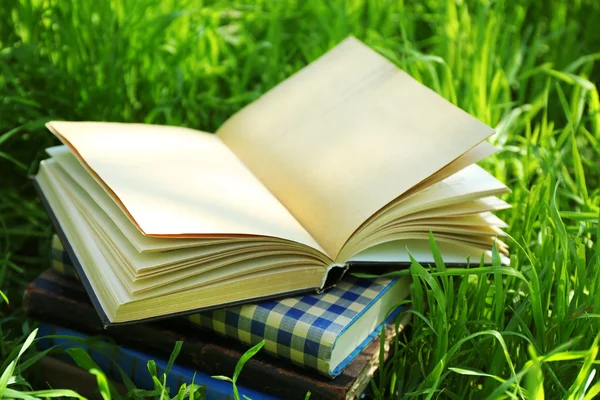 Bücher im Gras gestapelt, draußen — Stockfoto