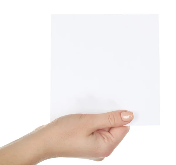 Mano que sostiene la tarjeta en blanco aislada en blanco — Foto de Stock