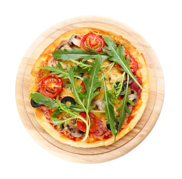 Tasty pizza with vegetables and arugula on cutting board isolated on white — Stock Photo, Image