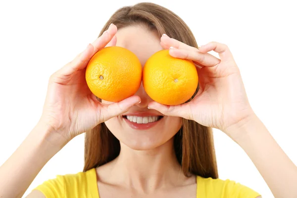 Mujer joven y saludable con naranjas aisladas en blanco — Foto de Stock