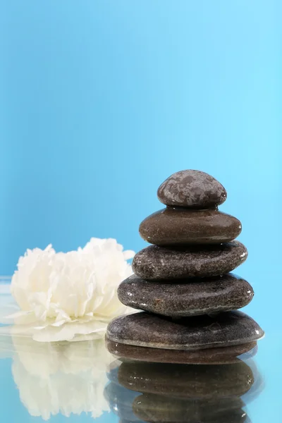 Stack of spa stones with flower on blue background — Stock Photo, Image