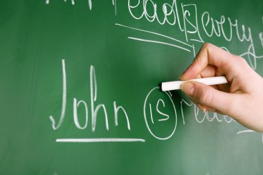 Teacher hand writing grammar sentences on blackboard background clipart