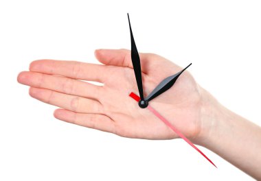 Saat okları üzerine beyaz izole tutan el
