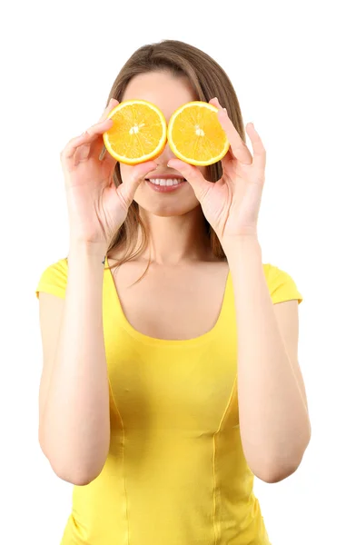 Υγιή νεαρή γυναίκα με φέτες πορτοκάλι που απομονώνονται σε λευκό — Φωτογραφία Αρχείου