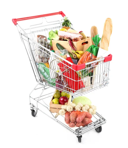 Nákupní vozík plný s různými potravinami — Stock fotografie