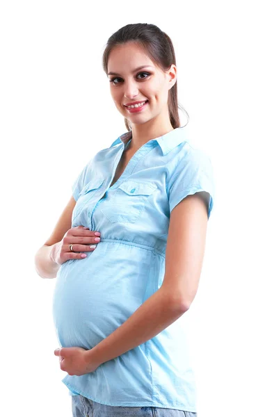 Hamile kadın üzerinde beyaz izole portresi — Stok fotoğraf