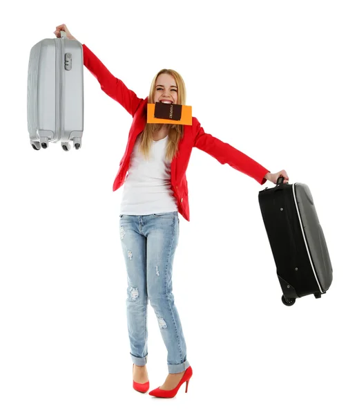 Mujer sosteniendo maleta, aislada en blanco — Foto de Stock