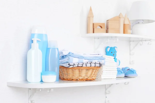 Baby accessories on shelves close-up — Stock Image Baby accessories on shelves close-up Stock Photo