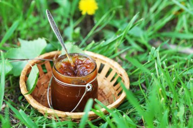 elma reçel kavanoz ve çimlerin üzerine taze kırmızı elmalar