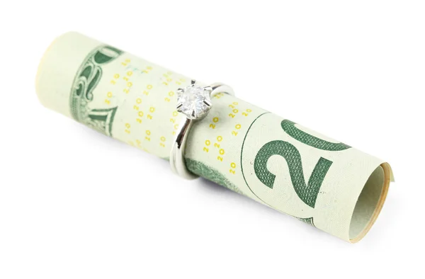 Dollar banknote and wedding ring, isolated on white — Stock Photo, Image