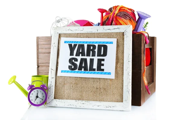 Box of unwanted stuff ready for yard sale isolated on white — Stock Photo, Image