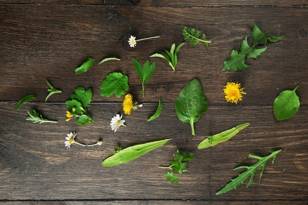 Varie piante medicinali su sfondo di legno — Foto Stock