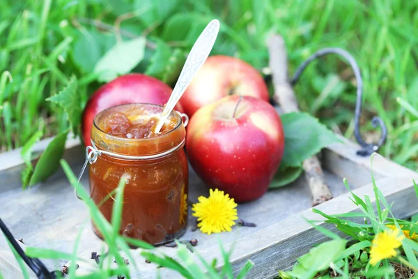 Яблучне варення в банці і свіжі червоні яблука на траві — стокове фото