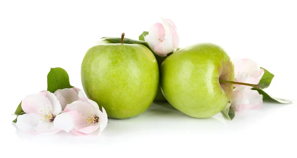 Maçãs frescas com flor de maçã, isoladas em branco — Fotografia de Stock