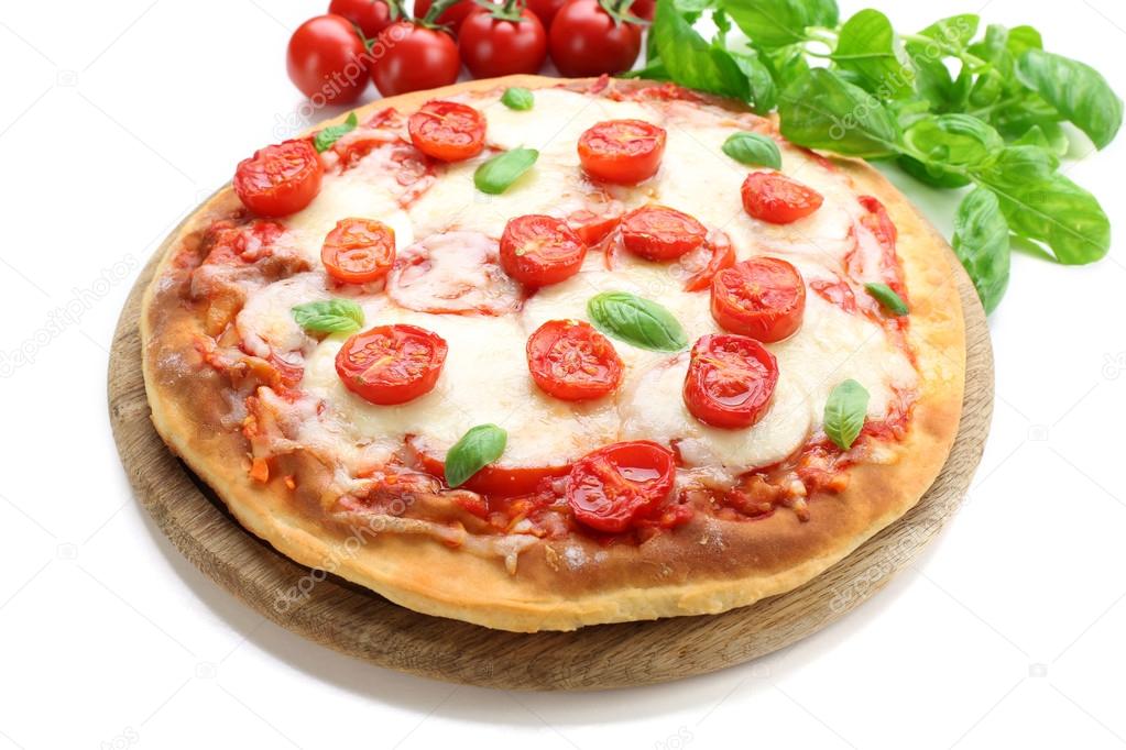 Delicious pizza with cheese and cherry tomatoes isolated on white