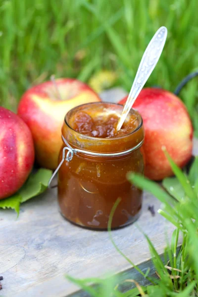 Marmellata di mele in vaso e mele rosse fresche sull'erba — Foto Stock